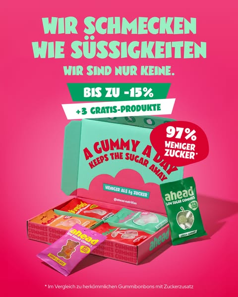 This image ad showcases a variety of 'ahead' low-sugar gummy candies. The ad aims to grab attention with its col