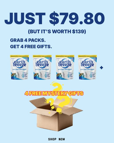 This image ad for Earth Breeze highlights the value and special offer of purchasing 4 packs of their pure clean dish tab
