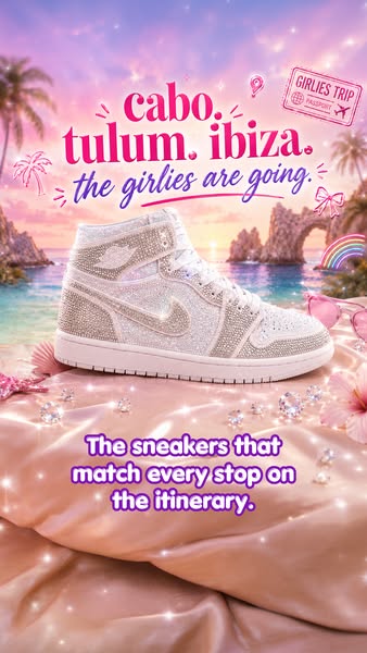 The image ad is showcasing glitter sneakers with a tropical destination theme, emphasizing their suitability for various