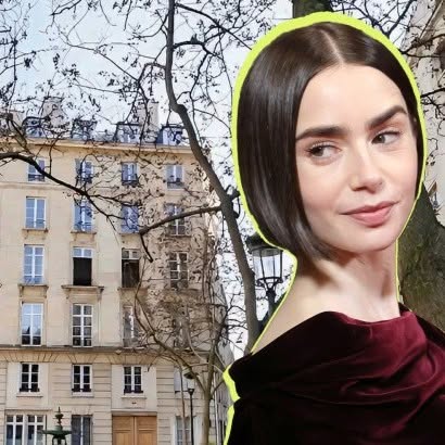 This image ad features actress Lily Collins posing in a Parisian setting. There is a light effect around the edges of th