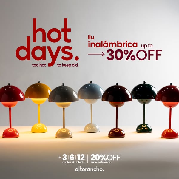 Ad showcasing a variety of colorful, wireless table lamps. The ad promotes a discount of up to 30% off and an additional