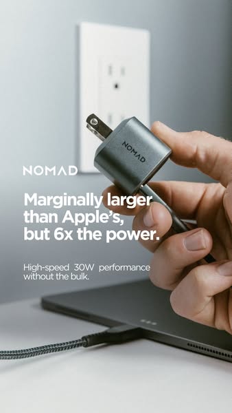 This ad highlights the Nomad charger, emphasizing its high-speed 30W performance and compact size compared to Apple'