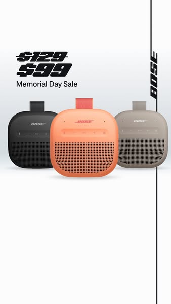 This image ad showcases three BOSE speakers in different colors against a light gradient background. The ad announces a 