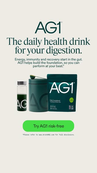 This ad for AG1 promotes the product as a daily health drink that supports digestion by building a foundation for energy