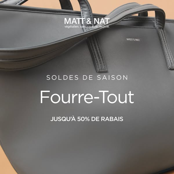 This ad features a close-up shot of a Matt & Nat tote bag. The ad copy announces a seasonal sale with up to 50% off.