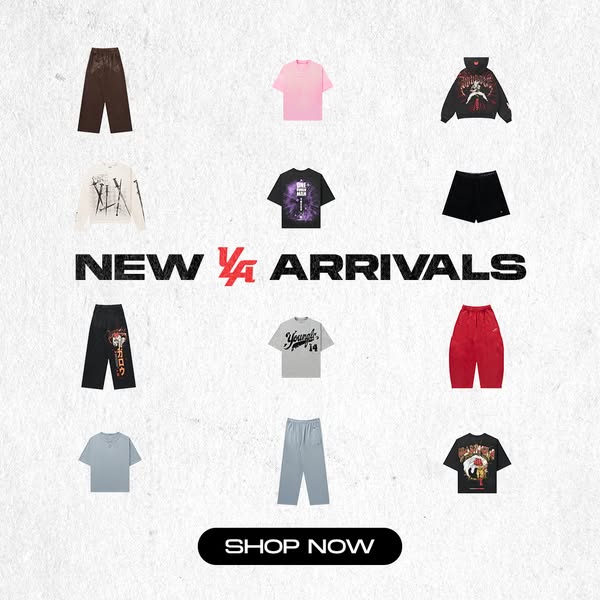 This ad showcases YoungLA's new arrivals. It features an assortment of clothing items, including shirts, pants, hood
