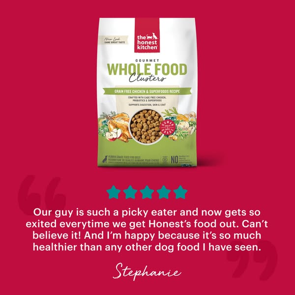 This ad features a bag of The Honest Kitchen dog food next to a quote from a customer praising the food for their picky