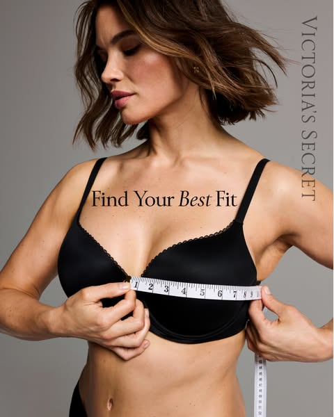 An image ad from Victoria's Secret showing a woman measuring herself to find her best fitting bra size.