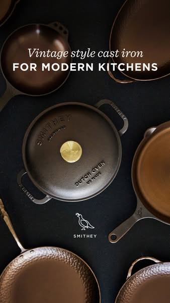 This image ad showcases the brand Smithey Ironware. The ad presents the Smithey brand as vintage style cast iron for mod