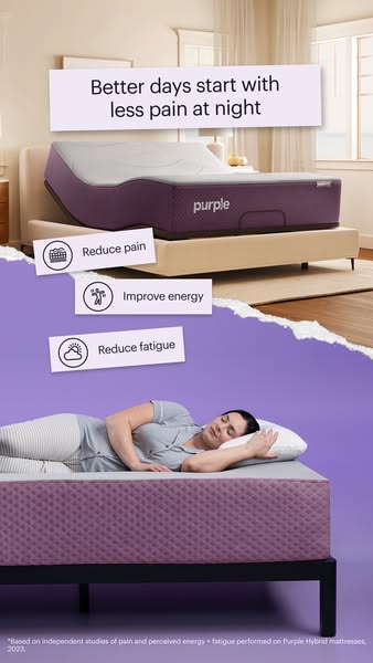An ad for a Purple mattress that highlights its key features and benefits.