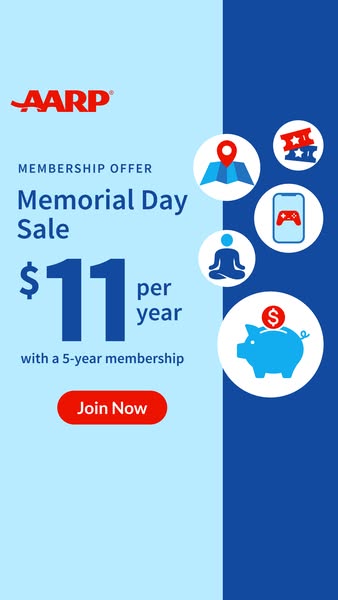AARP Memorial Day Sale ad. AARP offers a membership for $11 per year with a 5-year membership.