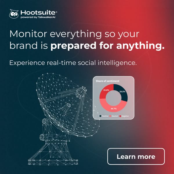 This ad for Hootsuite promotes its real-time social intelligence platform. The ad features a graphic of a satellite dish