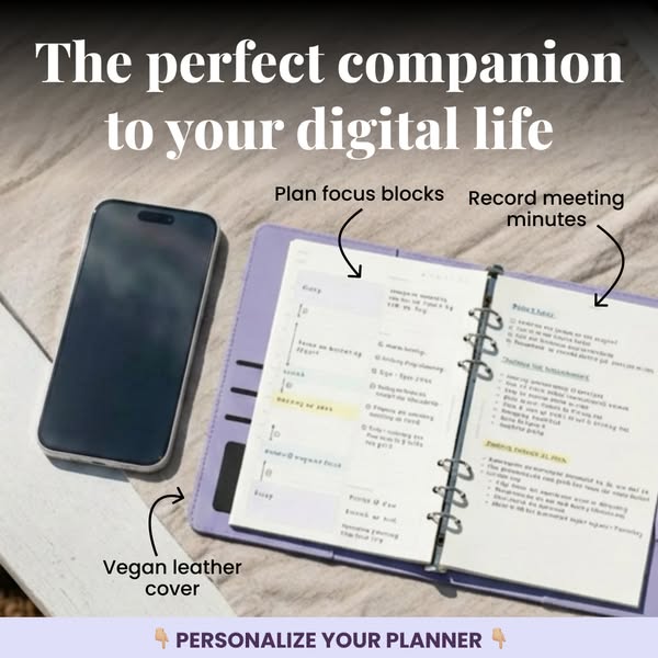 This ad promotes a planner that is meant to be a companion to your digital life. It calls out specific features of the p