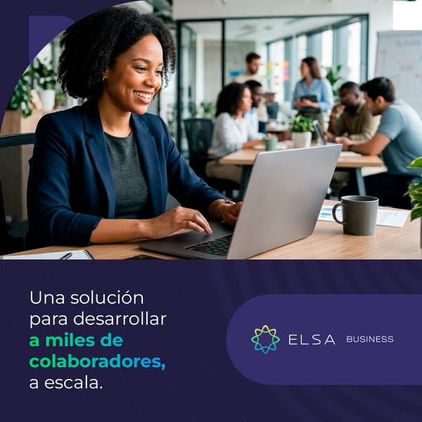 The ad features a woman working on a laptop with colleagues in the background. The text says: "Una solución para de