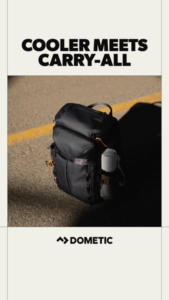 This ad features a black Dometic backpack cooler with a water bottle in the side pocket. The text reads, "COOLER ME