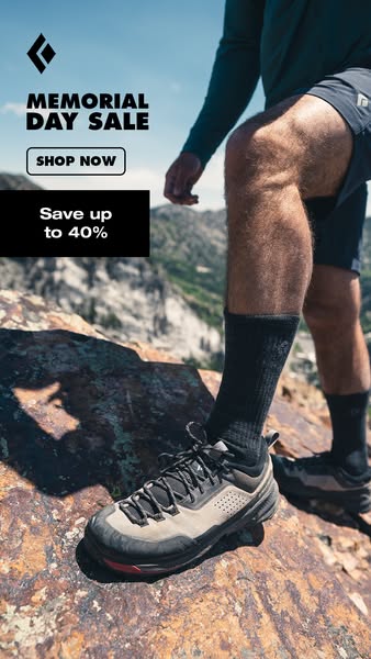 This image ad by Black Diamond promotes a Memorial Day sale with a focus on their footwear, specifically designed for ou