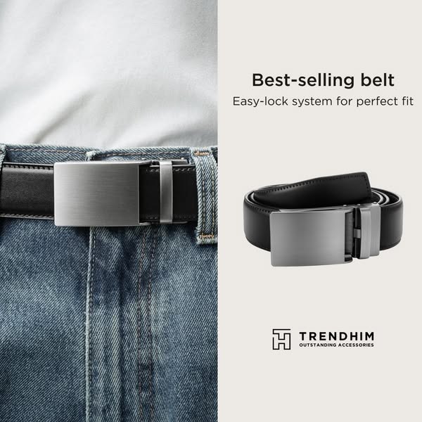 This image ad showcases a black leather belt with a silver buckle. The belt is described as a 'Best-selling belt'