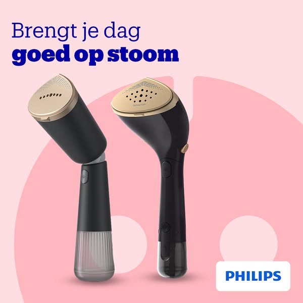 This ad showcases two Philips garment steamers against a pink background with a headline promoting a good start to the d