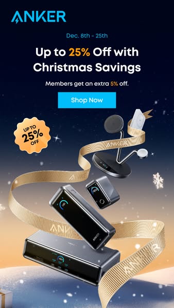 This ad promotes Anker products with a Christmas sale offering up to 25% off, with an additional 5% off for members. The