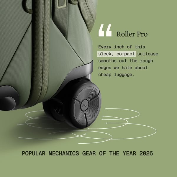 This ad features a close-up of the wheel of a Peak Design Roller Pro suitcase along with a customer testimonial about ho