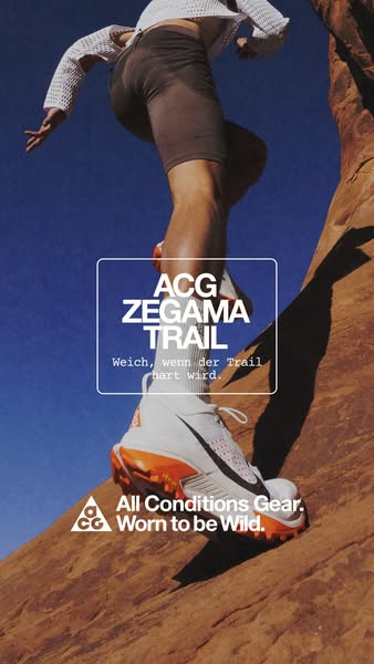 This vertical video ad showcases Nike's ACG Zegama Trail running shoes by featuring the shoe while a person wearing