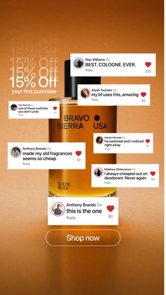 This ad showcases the BRAVO SIERRA Suede Musk fragrance, using customer testimonials to build social proof and highlight