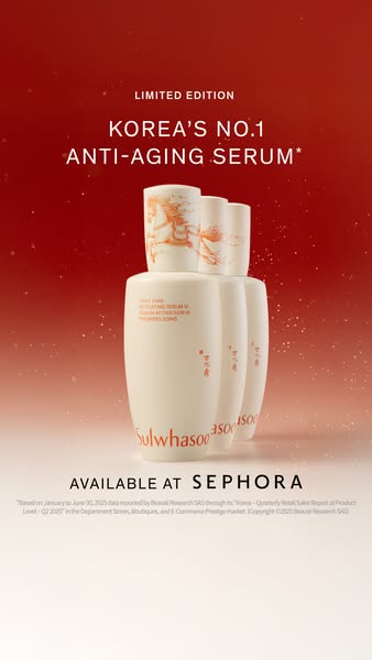 This ad promotes Sulwhasoo's anti-aging serum, highlighting its status as Korea's No. 1 serum and its availabili