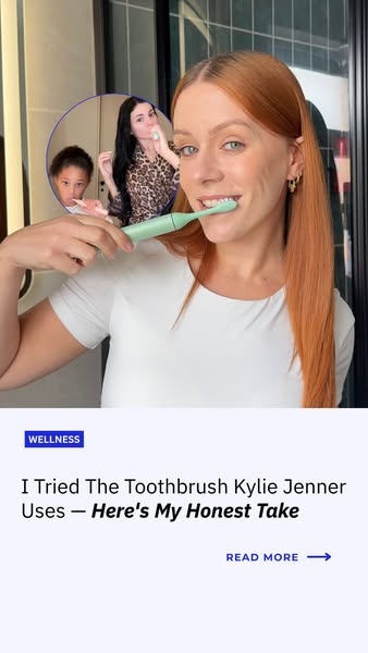 The image shows a woman brushing her teeth with an electric toothbrush in a bathroom setting. In a pop out circle behind