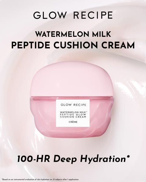 This image ad showcases Glow Recipe's Watermelon Milk Peptide Cushion Cream, emphasizing its 100-hour deep hydration
