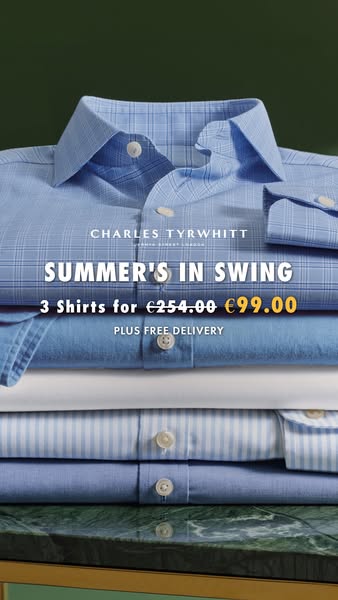 This image ad features a stack of three Charles Tyrwhitt shirts and promotes a special summer sale of three shirts for 9