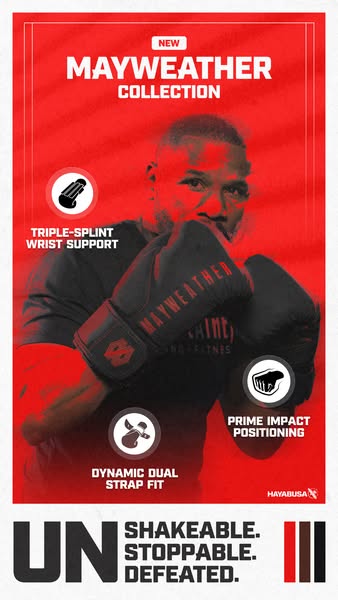 This ad is for the new Mayweather Collection of boxing gloves from Hayabusa. It showcases the gloves on a boxer against 