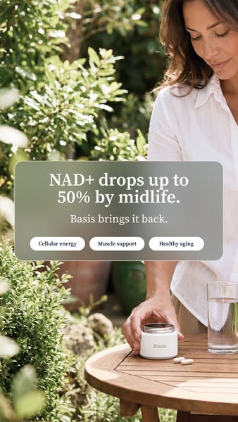 This image ad promotes Basis supplements, highlighting their benefits in restoring NAD+ levels that decline with age, us