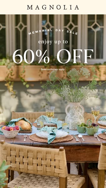 This ad for Magnolia advertises a Memorial Day Sale, offering up to 60% off. The image features an outdoor dining table 