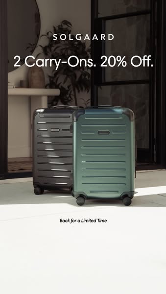 This image ad promotes Solgaard carry-on suitcases, highlighting an offer for 20% off on two carry-ons for a limited tim