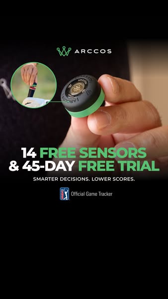 The ad promotes Arccos golf sensors by offering 14 free sensors and a 45-day free trial. The ad features a close-up of a