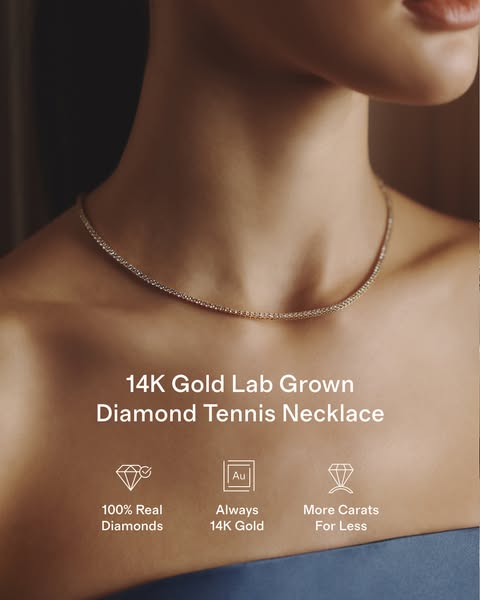 This image ad showcases a 14K gold lab grown diamond tennis necklace, emphasizing its real diamonds, 14K gold compositio