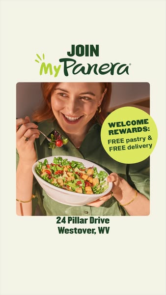 This image ad for My Panera features a woman enjoying a salad while promoting welcome rewards of a free pastry and free 