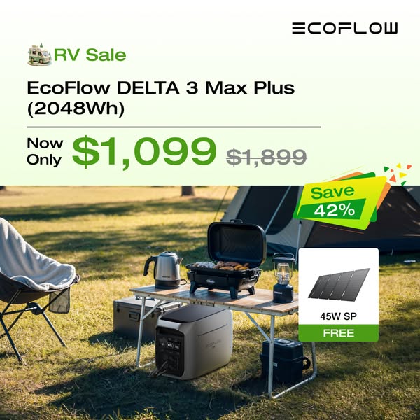 This ad showcases the EcoFlow DELTA 3 Max Plus power station and its ability to power outdoor activities, highlighting a