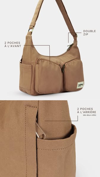 This ad showcases a brown handbag, highlighting its features with callouts for its front and side pockets, as well as a