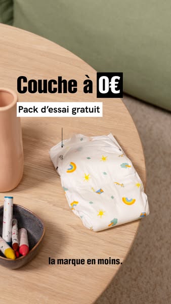 This ad is for a free trial of diapers. The diaper is displayed on a wooden table.