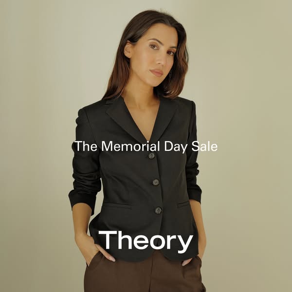 An image ad for a Theory Memorial Day sale featuring a woman in a black blazer and brown pants.