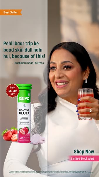 The image ad features actress Kashmera Shah endorsing OZiva Bioactive Gluta supplement for improving skin health after t