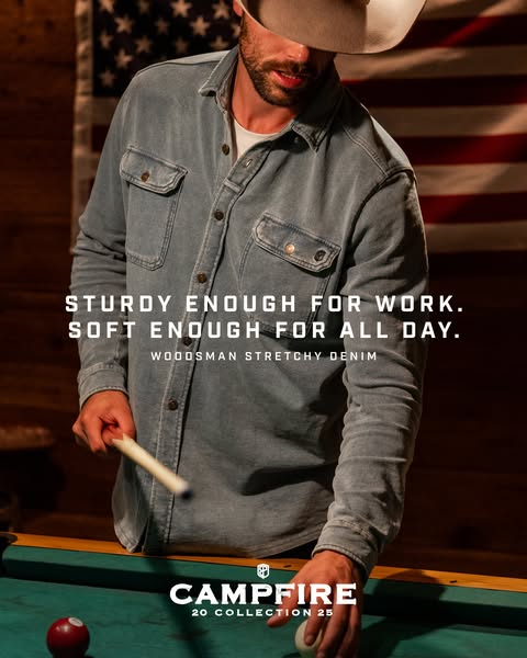 This image ad features a man wearing a Campfire brand button-up shirt while playing pool. The ad copy focuses on the dur