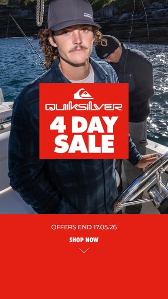 This image ad by Quiksilver showcases clothing and accessories and advertises a 4-day sale. It is designed for social me