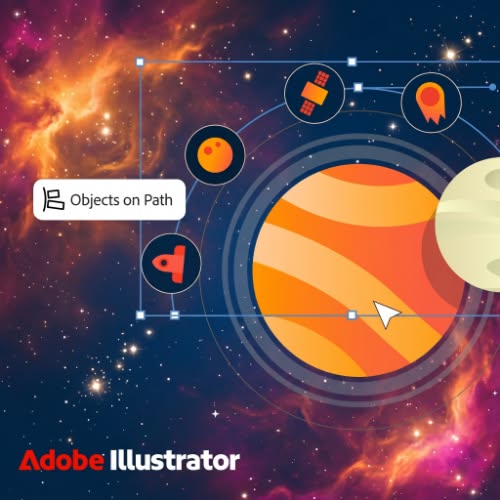 This ad for Adobe Illustrator showcases the Objects on Path feature, illustrating how users can arrange various design e
