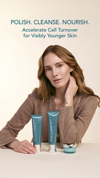 This ad features a light-skinned woman next to three Lancer skincare products, with text promoting the products' abi