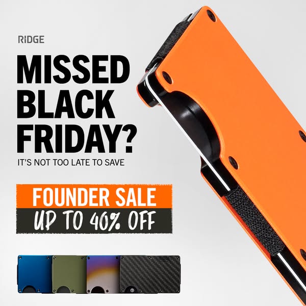 An ad for The Ridge wallet, promoting its founder sale of up to 40% off. The ad uses a close-up shot of an orange wallet