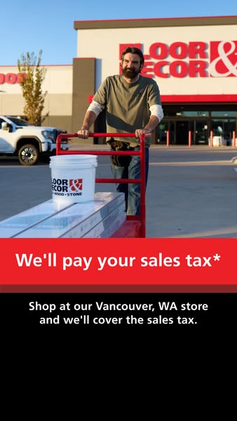 This image ad for Floor & Decor features a man pushing a flatbed cart loaded with flooring and a bucket of supplies 