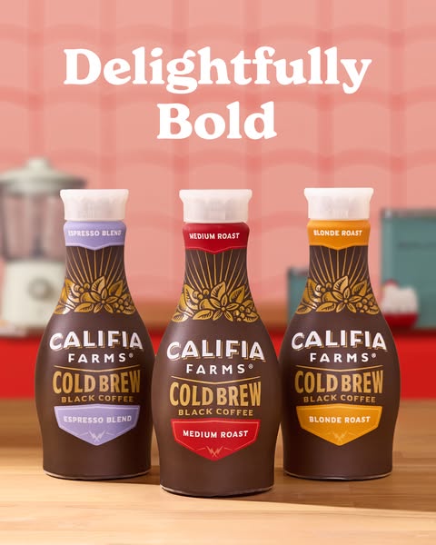 This ad showcases Califia Farms cold brew black coffee in three different roasts: Espresso Blend, Medium Roast, and Blon