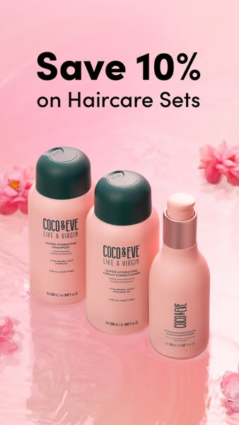 This ad for Coco & Eve promotes a 10% off sale on their haircare sets. The focus is on the brand's shampoo, cond